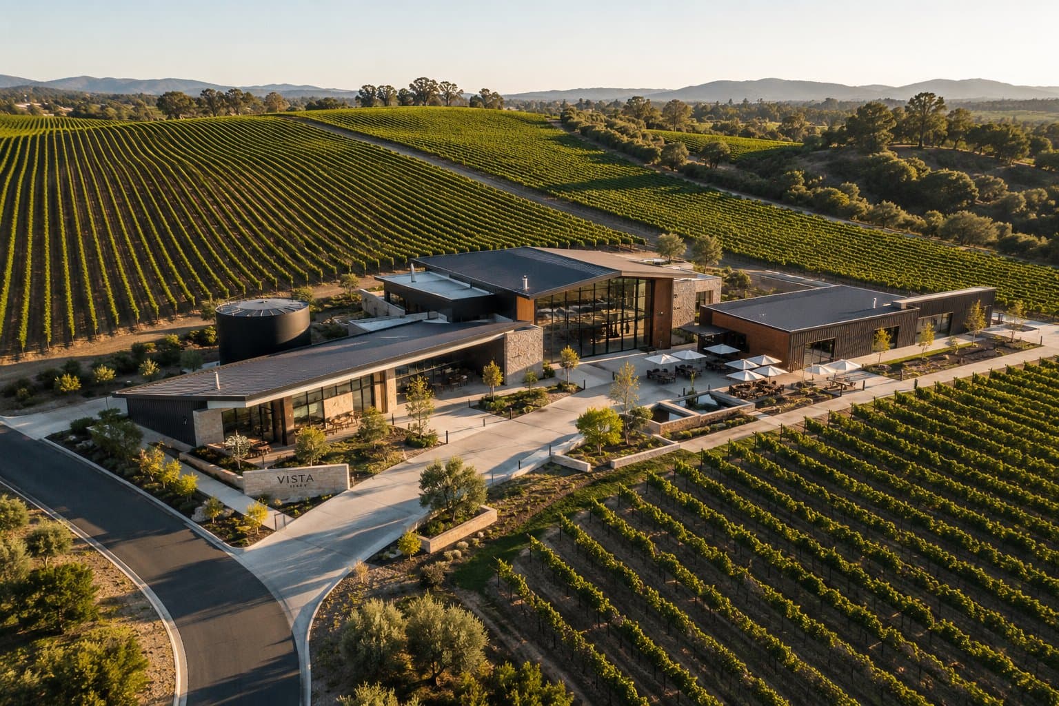 Aerial view of a winery and surrounding vineyard rows — multispectral drone imaging context shot